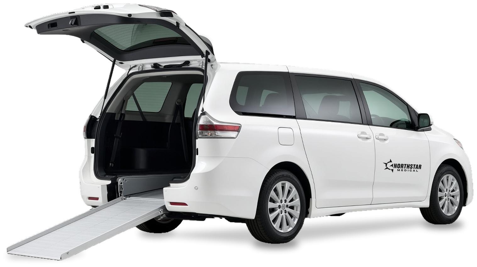 A white North Star Medical Transport wheelchair-accessible minivan with its rear ramp lowered